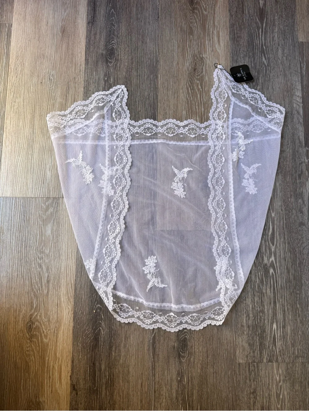 Delicate Vintage White Lace Bridal Veil or Scarf with Floral Appliqués